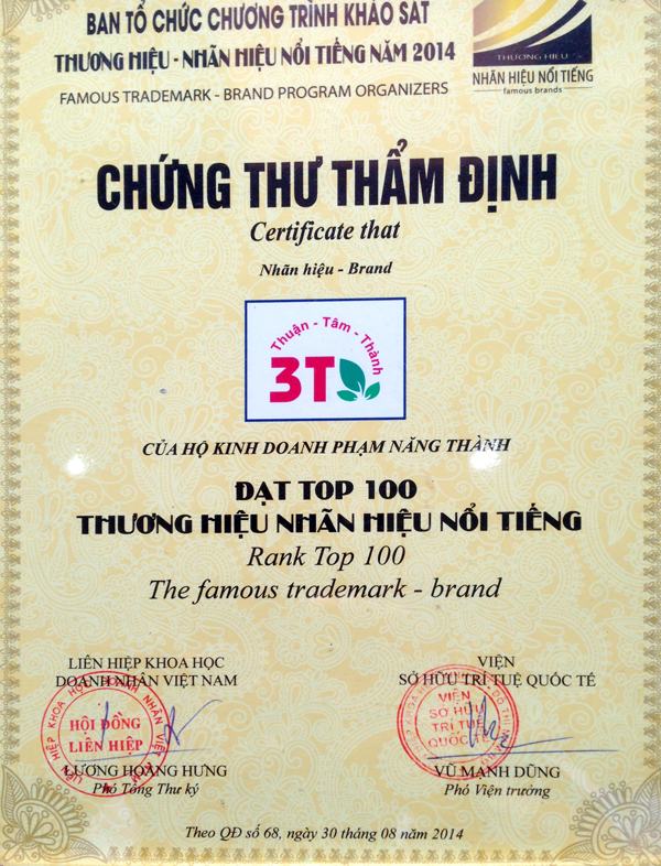 Chứng nhận Top 100 Nhãn hiệu nổi tiếng - Công Ty TNHH Thuận Tâm Thành